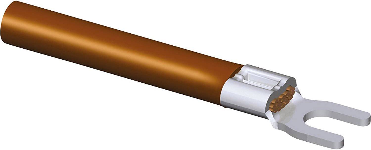 'Abzweigverbinder' mit brauner Hülle und Gabelschuh. Wird in elektrischen Schaltungen zur Verbindung von Leitern eingesetzt.