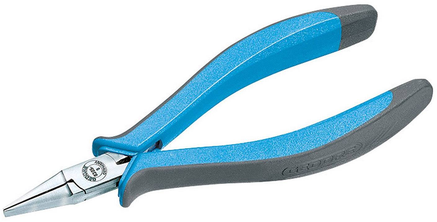 Eine blaue Spitzzange mit Kunststoffgriff. Das Werkzeug hat glatte Griffe und eine schlanke Spitze, geeignet für präzise Arbeiten.
