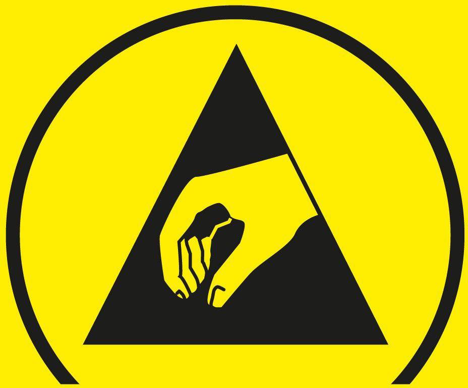 Warnzeichen für elektrostatisch gefährdete Bauteile: Eine Hand in einem schwarzen Dreieck auf gelbem Hintergrund.
