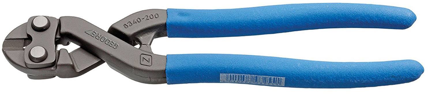 Bolzenschneider mit blauen Griffen. Genutzt zum Schneiden von Metallbolzen und Draht.