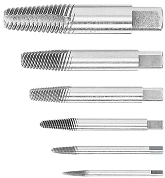 Sieben Metallhähne unterschiedlicher Größen sind vertikal ausgerichtet, deren Enden gerippt und mit Gewinde versehen sind, um Gewinde in Löchern zu schneiden.