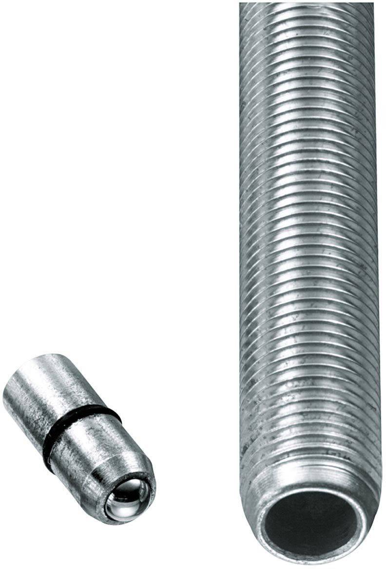 Gewinderohr und Ventil: Ein großes silbernes Gewinderohr neben einem kleinen silbernen Ventil mit Gummiring, beide aus Metall.