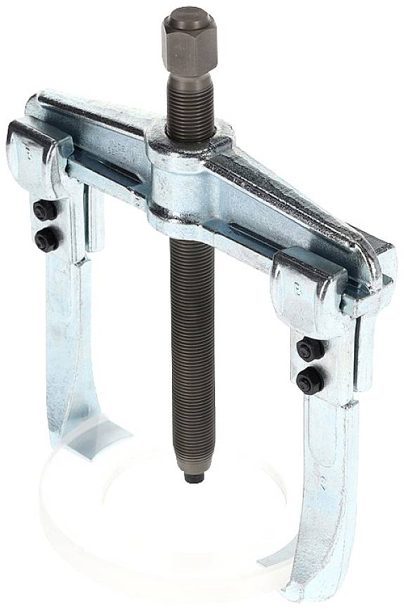 Ein silberner Abzieher mit zwei Greifarmen, die von einer zentralen Schraube zusammengezogen werden, vor einem weißen Hintergrund.