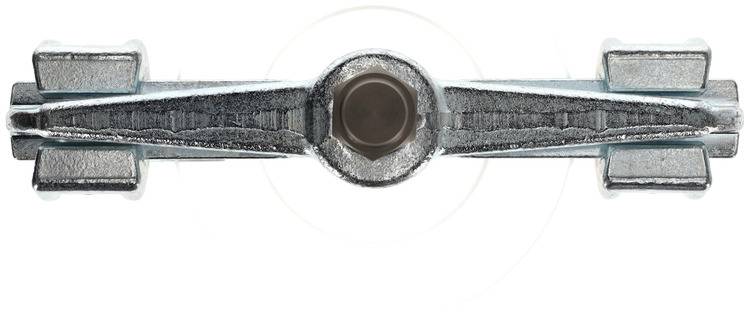 Ein silbernes Metallobjekt mit einem zentralen runden Element und symmetrischen, geometrischen Auslegern auf beiden Seiten.