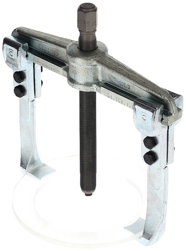 Zweibeiniger Abzieher aus Metall mit zentraler Schraube, steht auf einer Glasplatte. Werkzeug zum Entfernen von Lagern oder Riemenscheiben.