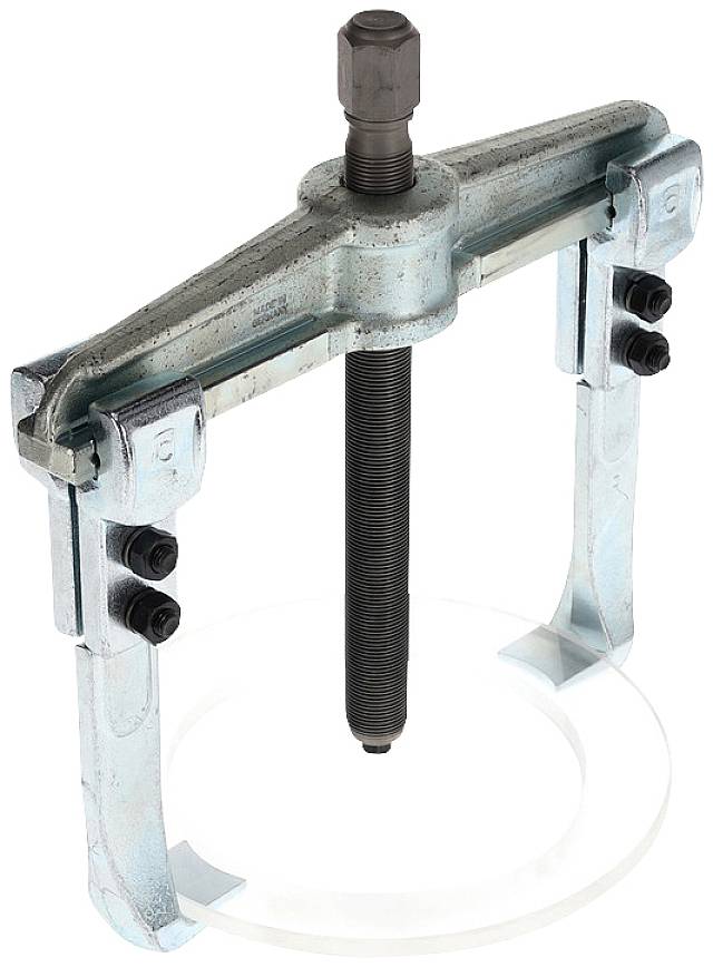 Zweibeiniger Abzieher aus Metall, verwendet zum Herausziehen von Lagern oder Zahnrädern in mechanischen Anwendungen.