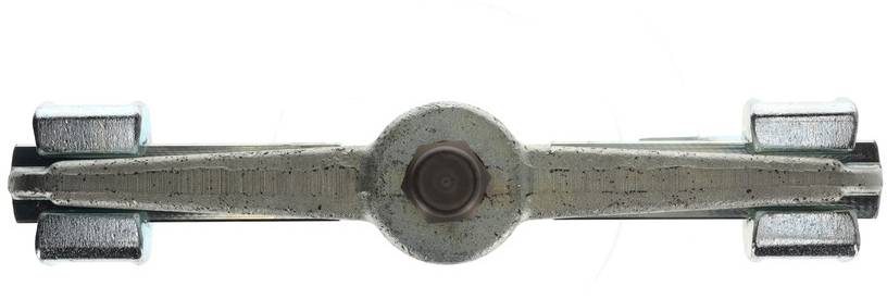 Metallisches Werkzeug mit symmetrischem Design, zentrale runde Struktur und zwei silberne, längliche Griffe links und rechts.