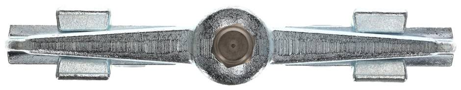 Metallisches Objekt, horizontal ausgerichtet, mit zentralem, kreisförmigem Element und symmetrischen, schmalen Flügeln.