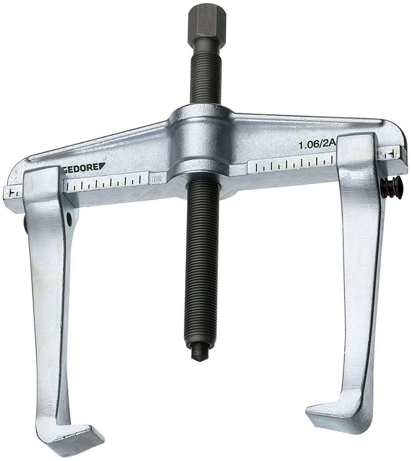 Ein silberfarbener Abzieher mit zwei verstellbaren Armen und einer zentralen Schraube, verwendet zum Abziehen von Lagern oder Riemenscheiben.