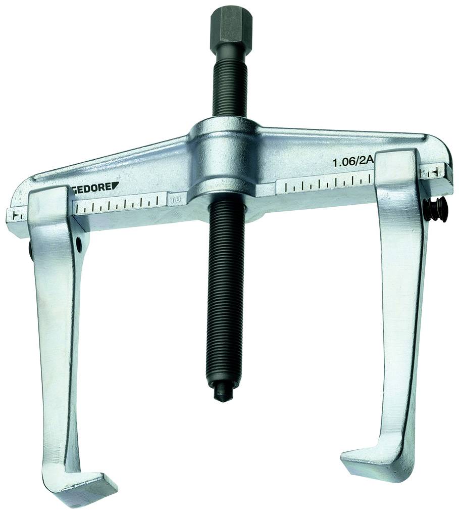 Ein zweibeiniger Abzieher aus Metall mit Gewindeschraube und einstellbaren Armen, geeignet zum Lösen fester Teile.