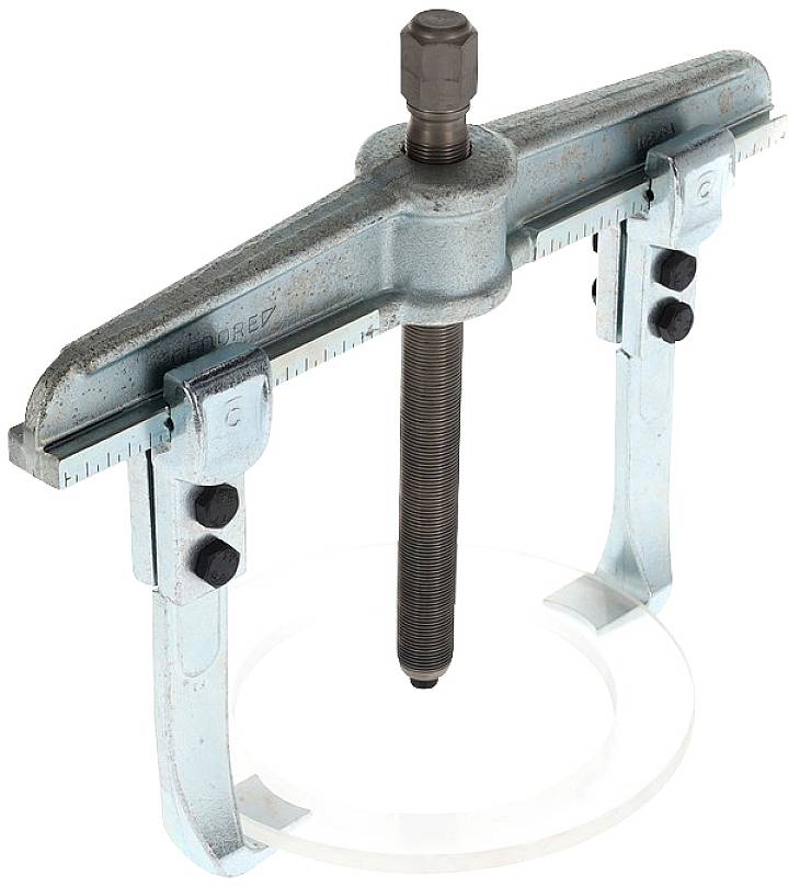 Ein silberner Schraub-Abzieher mit zwei Armen und einer zentralen Schraube, verwendet für das Entfernen von Zahnrädern oder Lagern.