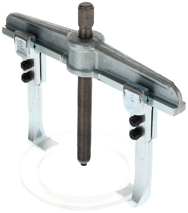 Industrieller Abzieher mit zwei Armen und zentraler Schraube zum Entfernen festsitzender Teile von Achsen oder Wellen in mechanischen Anwendungen.