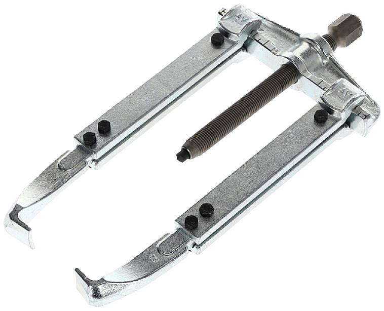 Ein metallener Abzieher mit zwei einstellbaren Armen und einer zentralen Schraube, verwendet für das Entfernen von Zahnrädern oder Lagern.
