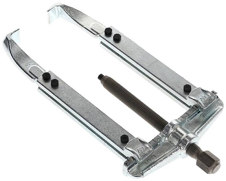 Metallischer Abziehvorrichtung, verwendet zum Entfernen von Zahnrädern oder Lagern, mit zwei klauenförmigen Armen und einer Schraubspindel.