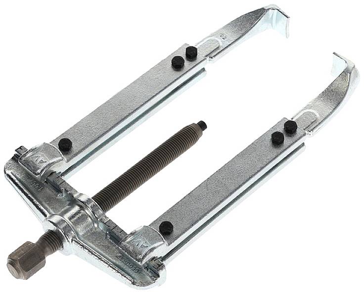 Zweiarmiger Abzieher aus Metall mit Schraubenmechanismus, hauptsächlich verwendet zum Entfernen von Lagern oder Riemenscheiben in der Mechanik.