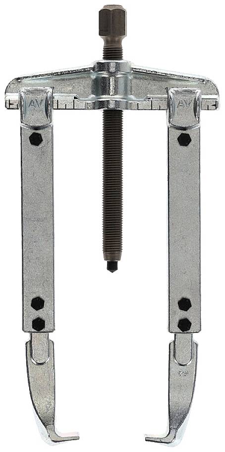 Zweibeiniger Abzieher mit Schraubgewinde in der Mitte, zum Lösen von fest sitzenden Teilen wie Zahnrädern oder Lagern.