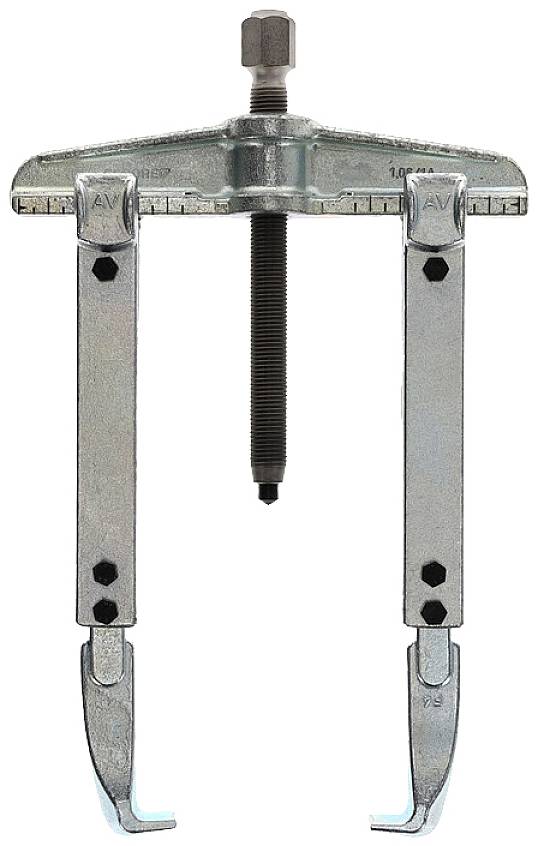 Ein zweizinkiger Abzieher mit stabilen Griffen und einer zentralen Schraube, verwendet zum Lösen festsitzender Teile in der Mechanik.