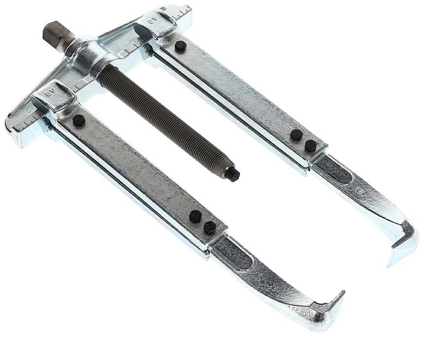 Ein mechanischer Zweiarmabzieher mit Schraubmechanismus und Haken, verwendet zum Entfernen von Zahnrädern oder Lagern von Wellen.