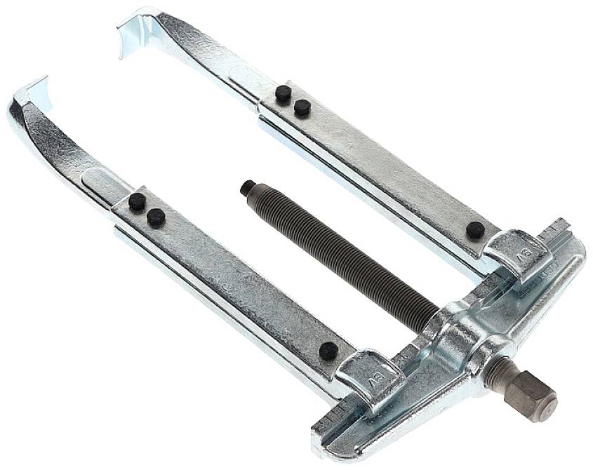 Ein silberner Abzieher mit zwei Griffen und einer zentralen Gewindespindel zum Entfernen von Lagern oder Zahnrädern.