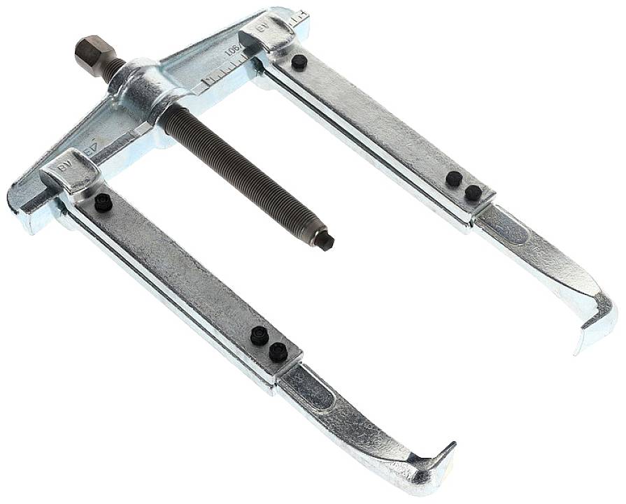 Abzieher aus Metall mit zwei Armen wird verwendet, um festsitzende Teile, wie Lager oder Zahnräder, von einer Welle zu lösen.