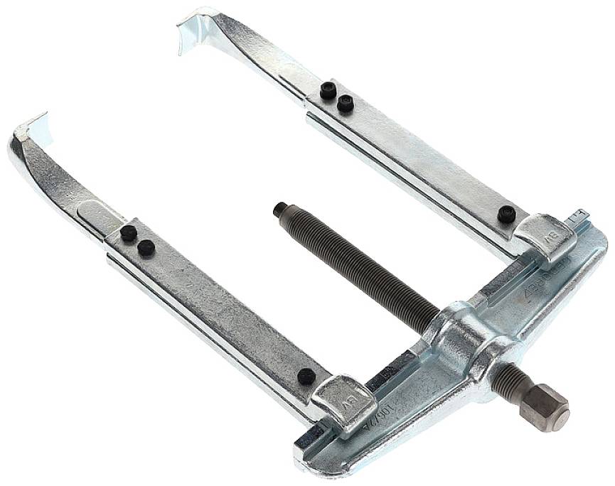 Metallischer Abzieher mit zwei Hakenarmen und zentralem Gewindebolzen, verwendet zum Entfernen festsitzender Teile von Wellen.