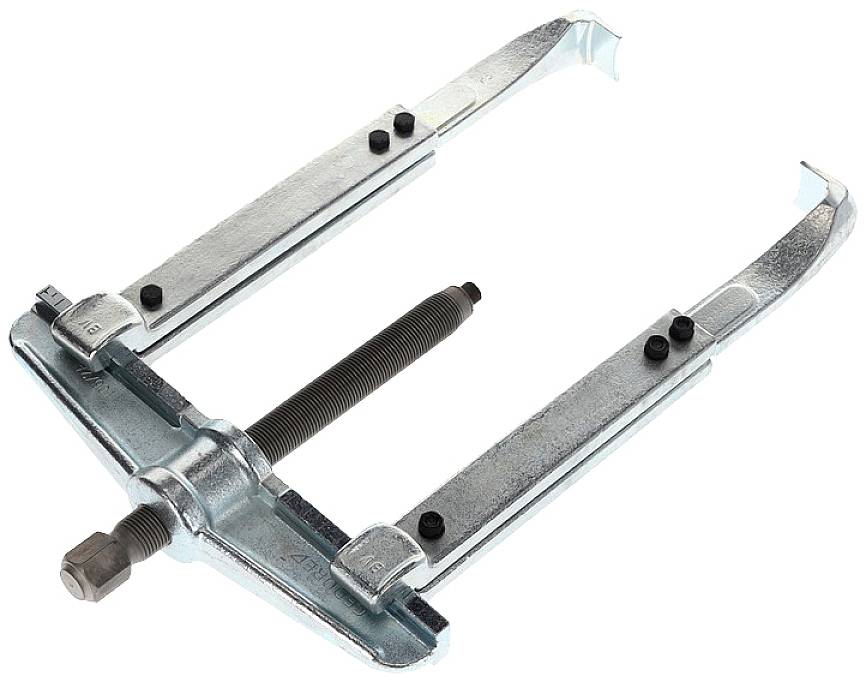 Metallischer Abzieher mit zwei Armen und Schraube in der Mitte, verwendet zum Entfernen festsitzender Teile wie Zahnrädern oder Lagern.