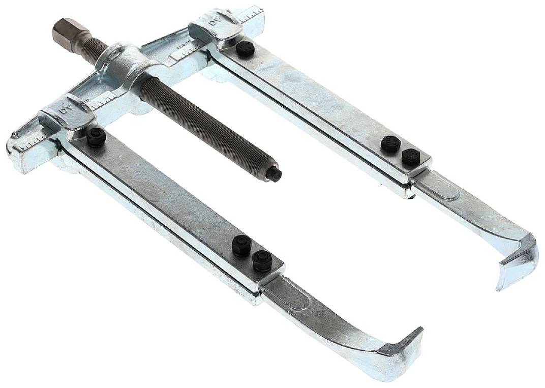 Ein großer, silberner Abzieher mit zwei Armen und Skalen zur Entfernung von Lagern oder anderen Teilen.