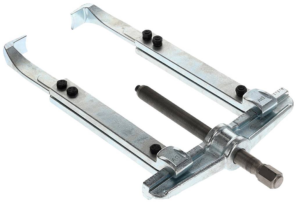 Ein silberner Abzieher mit zwei Armen und einer zentralen Schraube zur Entfernung von Lagern oder Zahnrädern.