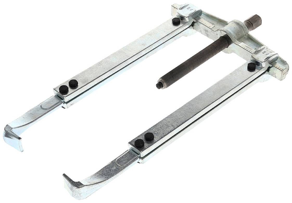 Zweibeiniger Abzieher mit verstellbaren Armen und einem zentralen Gewindebolzen, verwendet zum Entfernen von Zahnrädern oder Lagern.