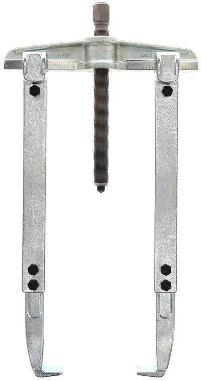 Zweiarmiger Abzieher aus Metall mit zentraler Schraube, verwendet zum Lösen von Sitzen oder Lagern.