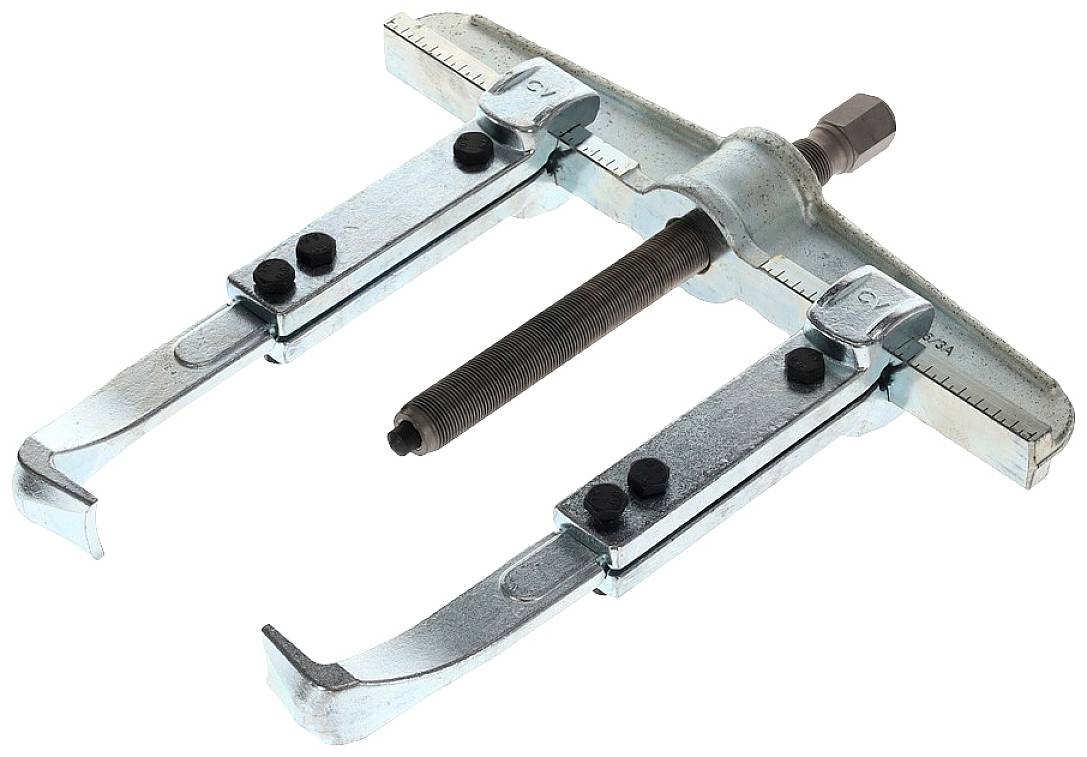 Zweizügiger Abzieher aus Metall mit einstellbaren Armen, ideal zum Entfernen von Lagern und Zahnrädern in der Fahrzeugreparatur.