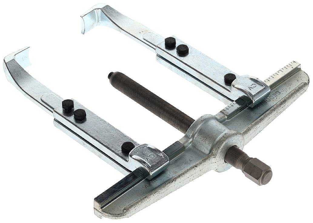 Metallischer Abzieher mit zwei Haken und zentralem Schraubmechanismus, verwendet zum Entfernen von Teilen wie Lagern oder Zahnrädern.