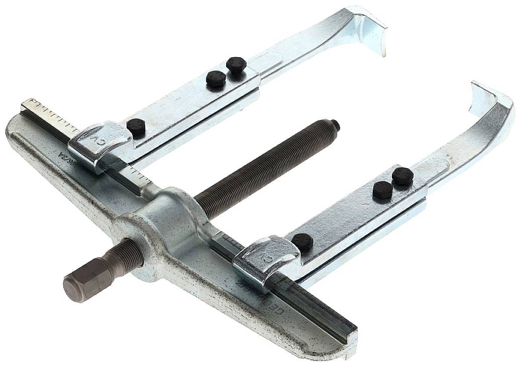 Ein Zweiarm-Abzieher mit verstellbaren Schenkeln und zentralem Gewindestift. Geeignet zum Entfernen von Lagern oder Zahnrädern.