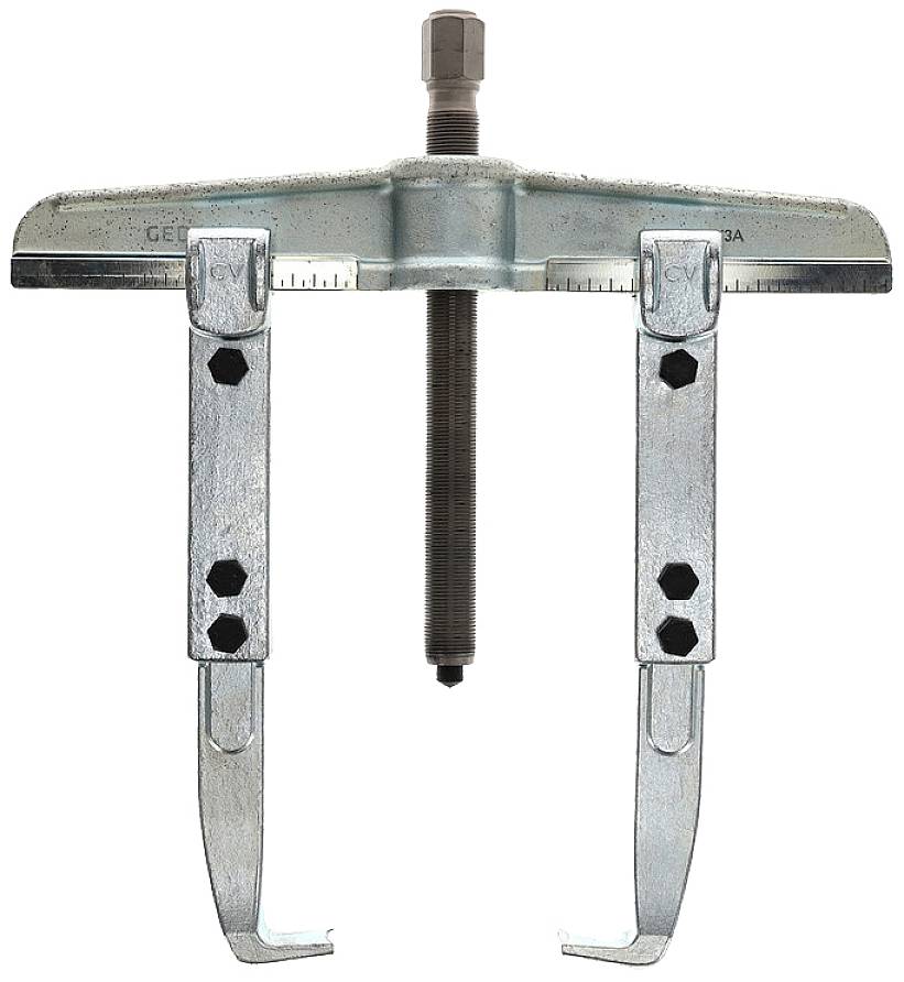 Metallischer Abzieher mit zwei Armen und Schraubmechanismus, verwendet zum Entfernen von Lagern oder Zahnrädern von Wellen.