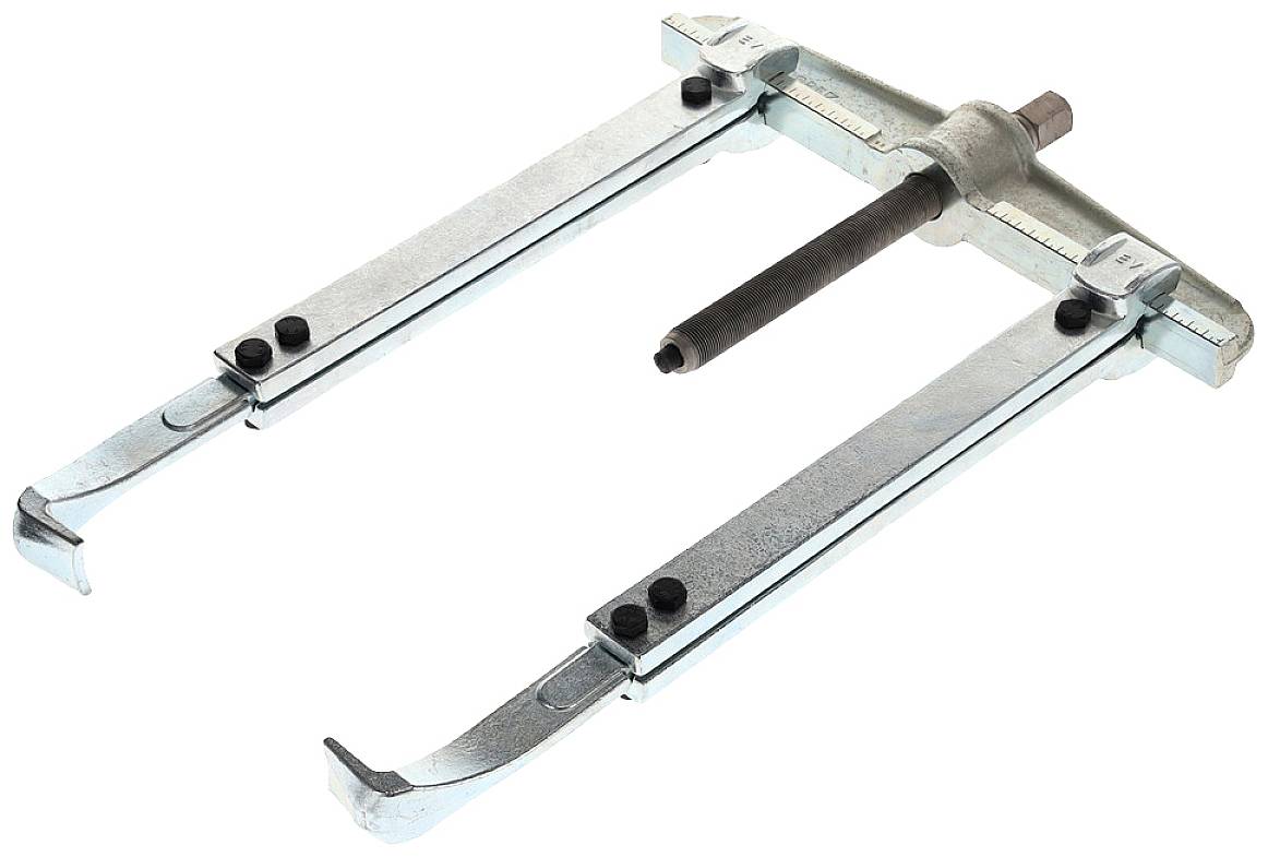 Metallischer Abzieher mit zwei langen Armen und zentralem Bolzen, verwendet zum Entfernen von Lagern oder Zahnrädern von einer Welle.
