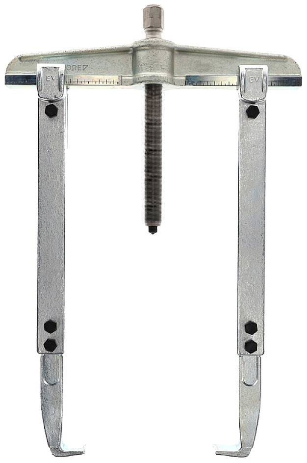 Ein zweibeiniger Abzieher aus Metall, der zum Entfernen festsitzender Teile wie Zahnräder und Lager von Wellen verwendet wird.