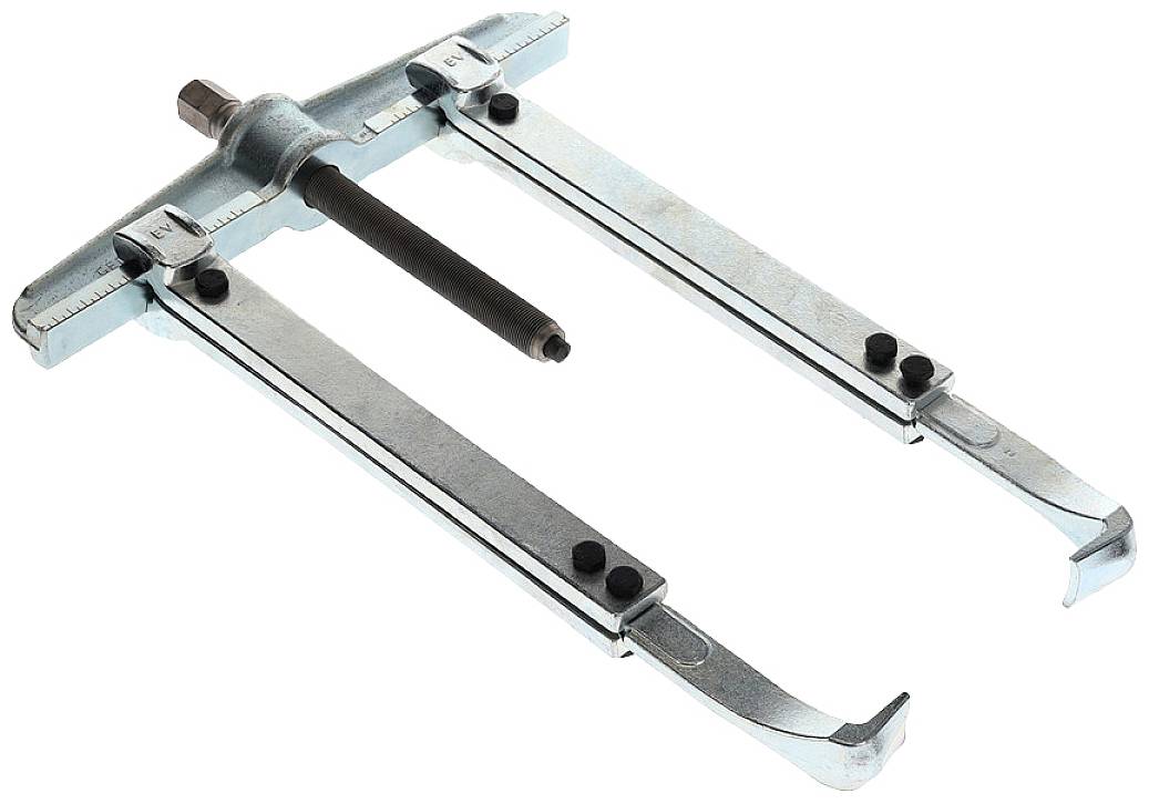 Ein Abzieher-Werkzeug mit zwei Haken und einer zentralen Schraube, verwendet zum Entfernen von Lagern oder Zahnrädern von einer Welle.