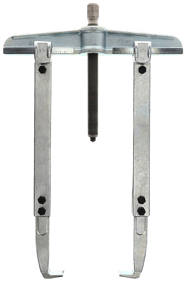 Zweilängiger Abzieher aus Metall, verwendet zum Entfernen von Lagern oder Rädern von Achsen. Oben ein Drehmechanismus.