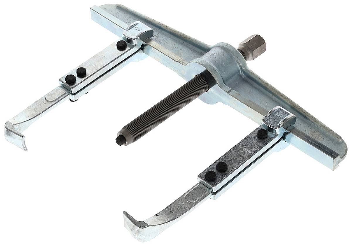 Ein dreibeiniger Abzieher, ein Werkzeug zum Entfernen von Lagern oder Riemenscheiben, aus Metall mit Schraubmechanismus.
