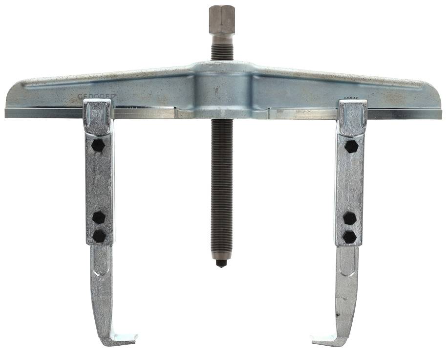 Ein zweibeiniger Abzieher aus Metall, ideal zum Entfernen von Lagern oder Zahnrädern. Er besitzt verstellbare Greifarme und eine zentrale Schraube zum Anziehen.