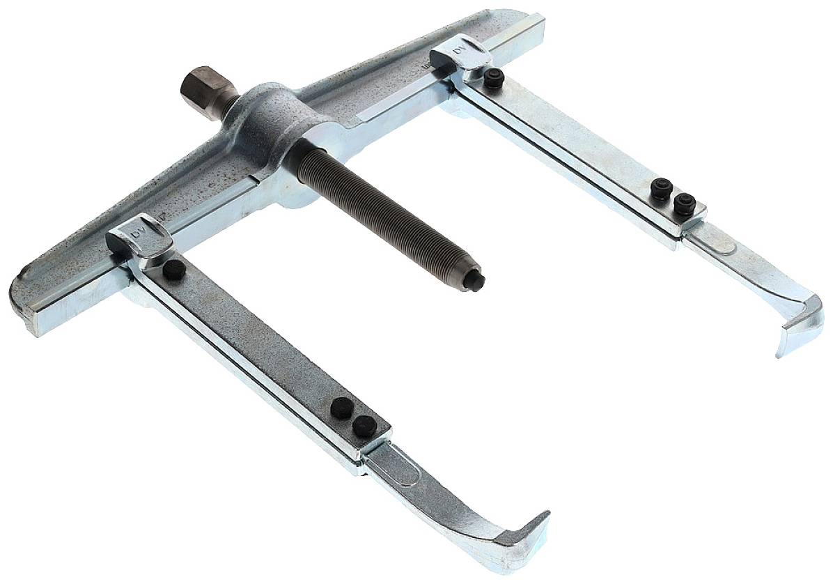 Metallischer Zweiarm-Abzieher, oft verwendet zum Entfernen von Lagern oder Zahnrädern von Wellen in mechanischen Anwendungen.
