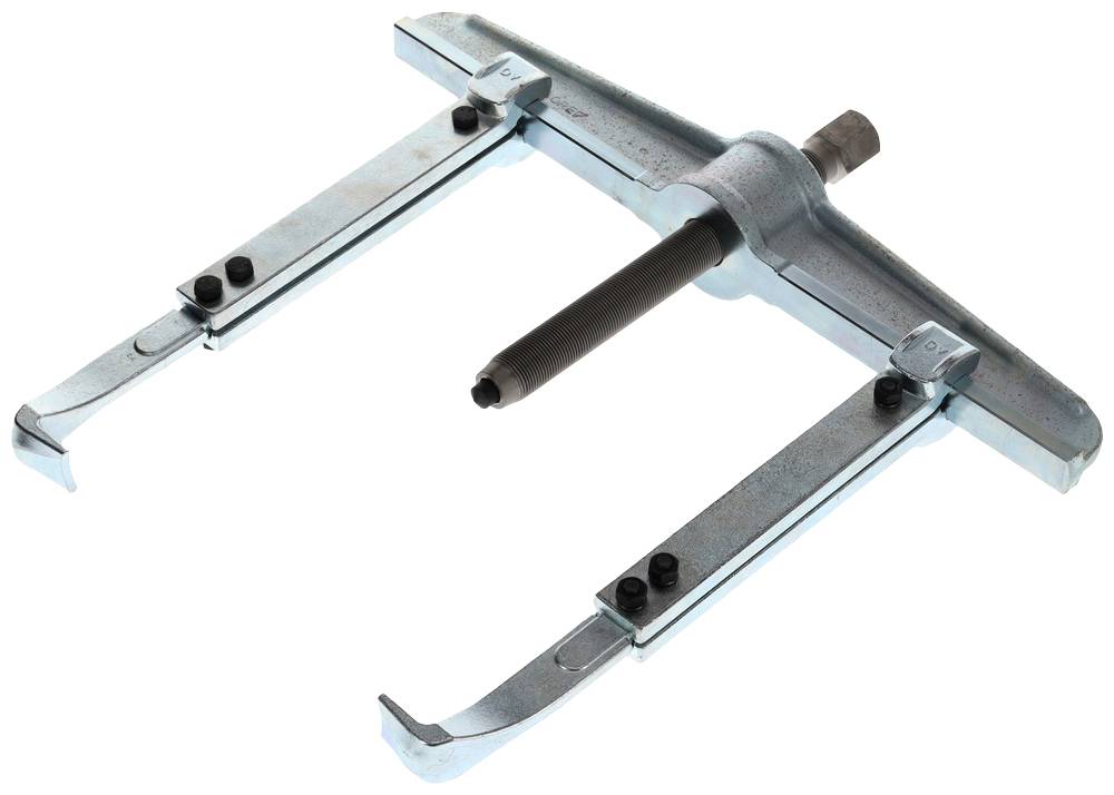 Ein blauer Abzieher mit zwei einstellbaren Armen und zentralem Gewinde. Wird verwendet, um enge Passungen mechanisch zu trennen.