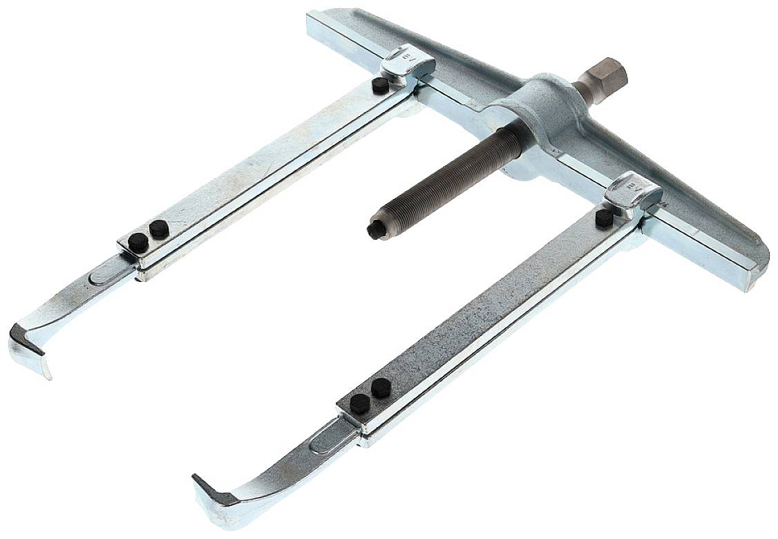 Metallischer Abzieher mit zwei langen Armen und Hakenenden, verwendet zum Entfernen von Lagern oder Zahnrädern aus Maschinen.
