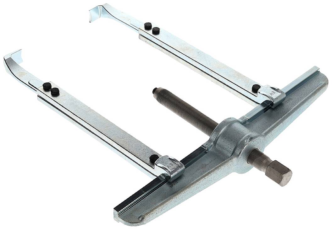 Zweifach-Abzieher aus Metall mit verstellbaren Armen und Gewindespindel, verwendet zum Entfernen von Lagern oder Zahnrädern aus Maschinen.