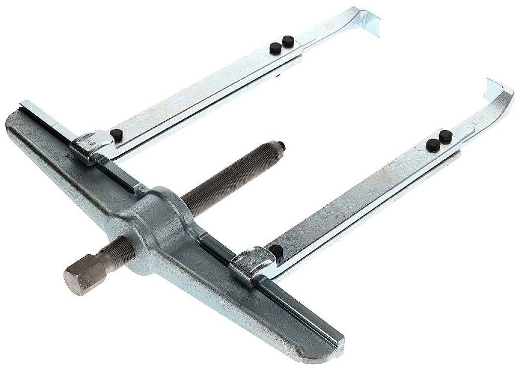 Ein blauer Abzieher mit zwei langen Armen und einer Gewindespindel in der Mitte. Wird zum Entfernen von Lagern verwendet.