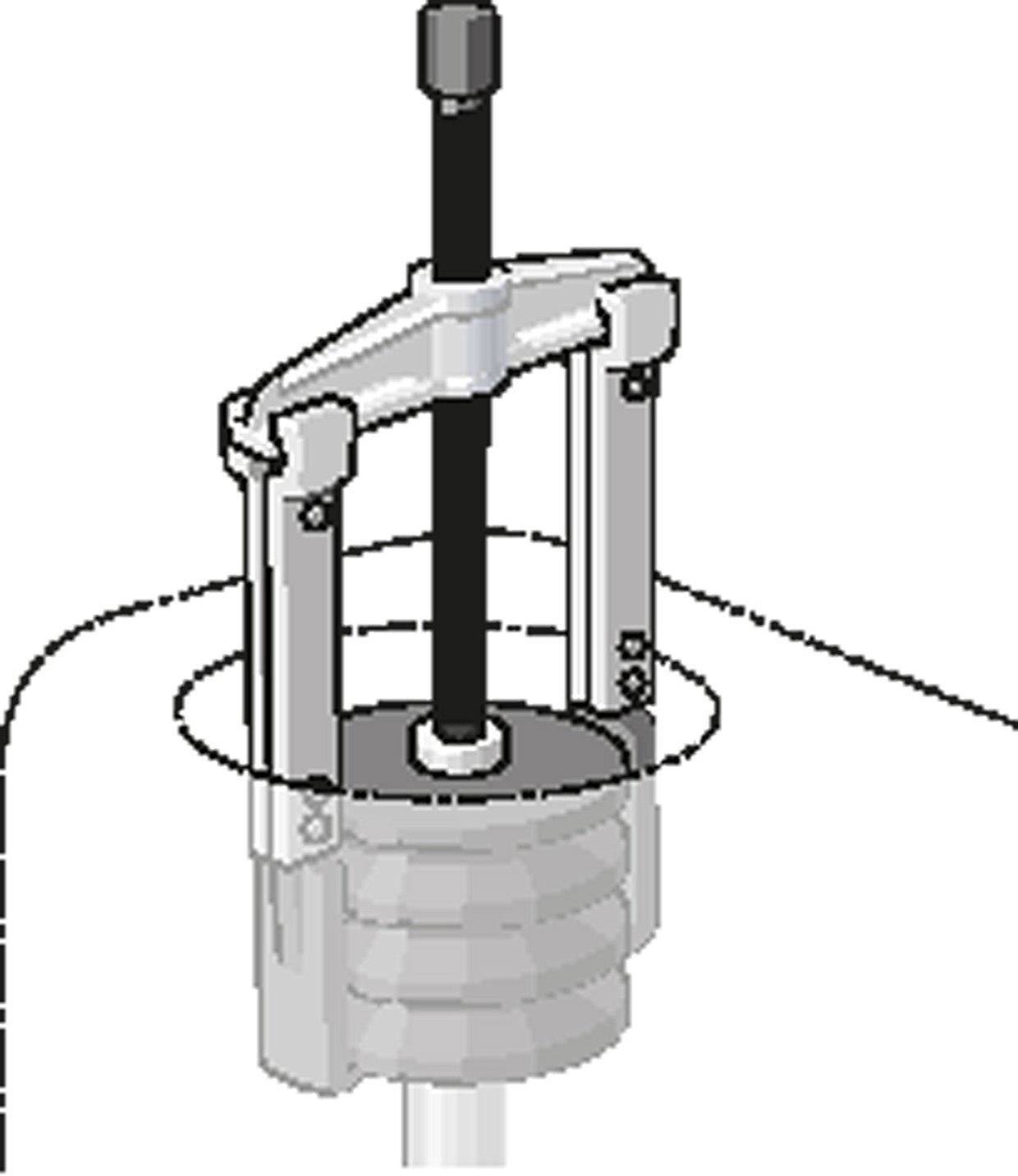 'Abzieher' dient zum Entfernen von Lagern oder Zahnrädern von Wellen. Abgebildet ist ein dreibeiniger Abzieher im Einsatz.