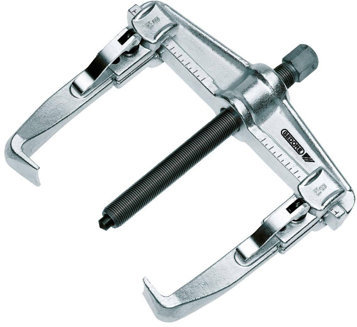 Ein silberner Abzieher mit zwei Armen und einer zentralen Schraube zum Entfernen von Lagern oder Zahnrädern von Wellen.