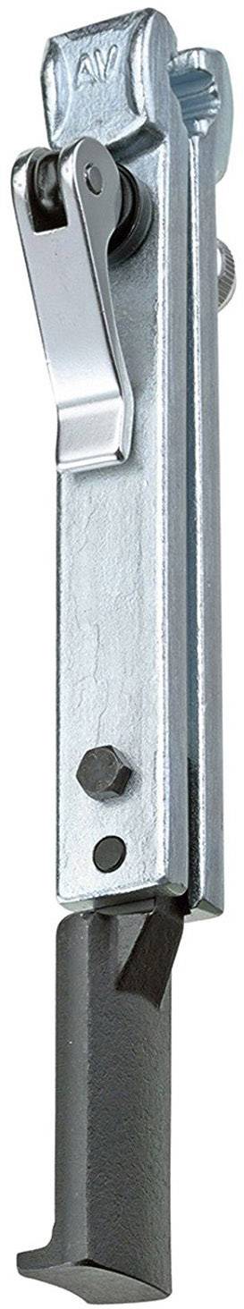 Metallischer Hebel an einem Riegel, vermutlich Teil eines Mechanismus zur Verriegelung oder Befestigung.