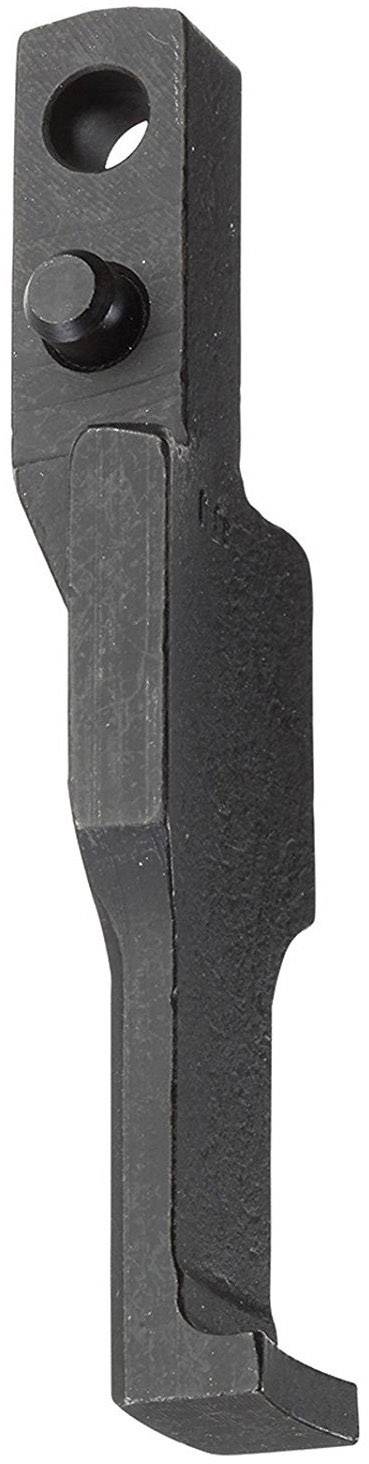 Ein Metallteil mit einem abgewinkelten Ende und zwei Löchern, möglicherweise ein Teil eines mechanischen Geräts oder Werkzeugs.