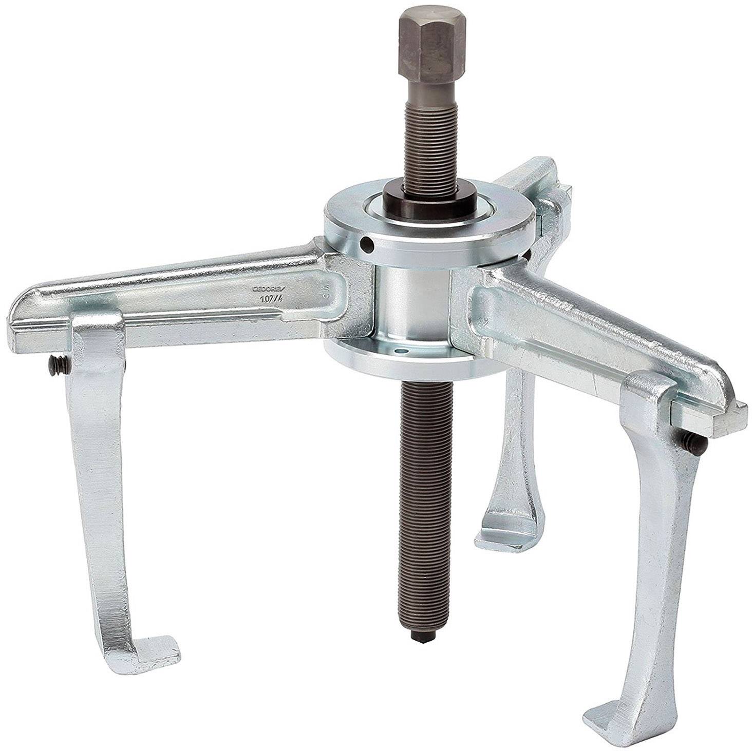 Mechanischer Abzieher mit drei Greifarmen und zentraler Schraube, verwendet zum Entfernen von Lagern oder Zahnrädern von Wellen.